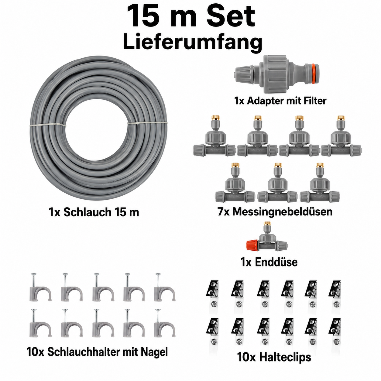 Gartennebel Set Sprühnebel-System Wassernebelanlage mit Messingnebeldüsen für Terrasse Balkon Garten Pavillon Pergola – Nebelkühlung bis zu 12 °C